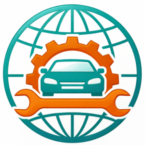 Automotive service globe icon with car, gear and wrench inside global symbol